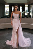 Gorgeous Pink Strapless Evening Dress Mermaid Slit With Beads
