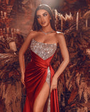 Gorgeous Red Long Evening Dress With Split Long Beads Prom Gown