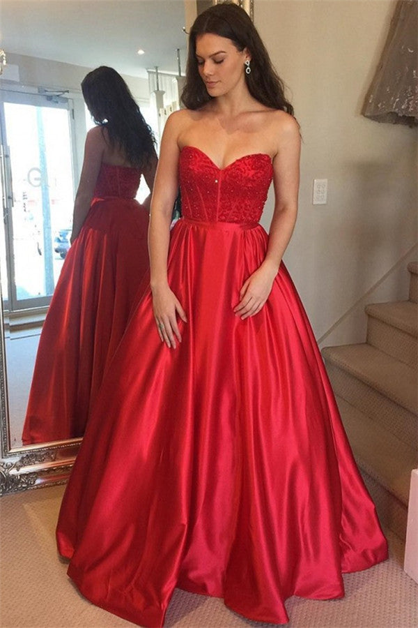 Gorgeous Red Sweetheart Sleeveless Prom Dresses | A-Line Floor-Length Beading Evening Gown