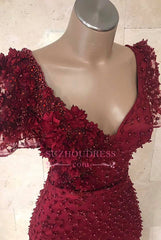 Gorgeous Red V-Neck Short Sleeves Mermaid Floor-Length Prom Dresses | Appliques Beading Long Evening Gown