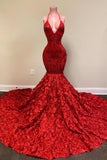 Gorgeous Red V-Neck Sleeveless Mermaid Prom Dress Sequins Bottom Flowers