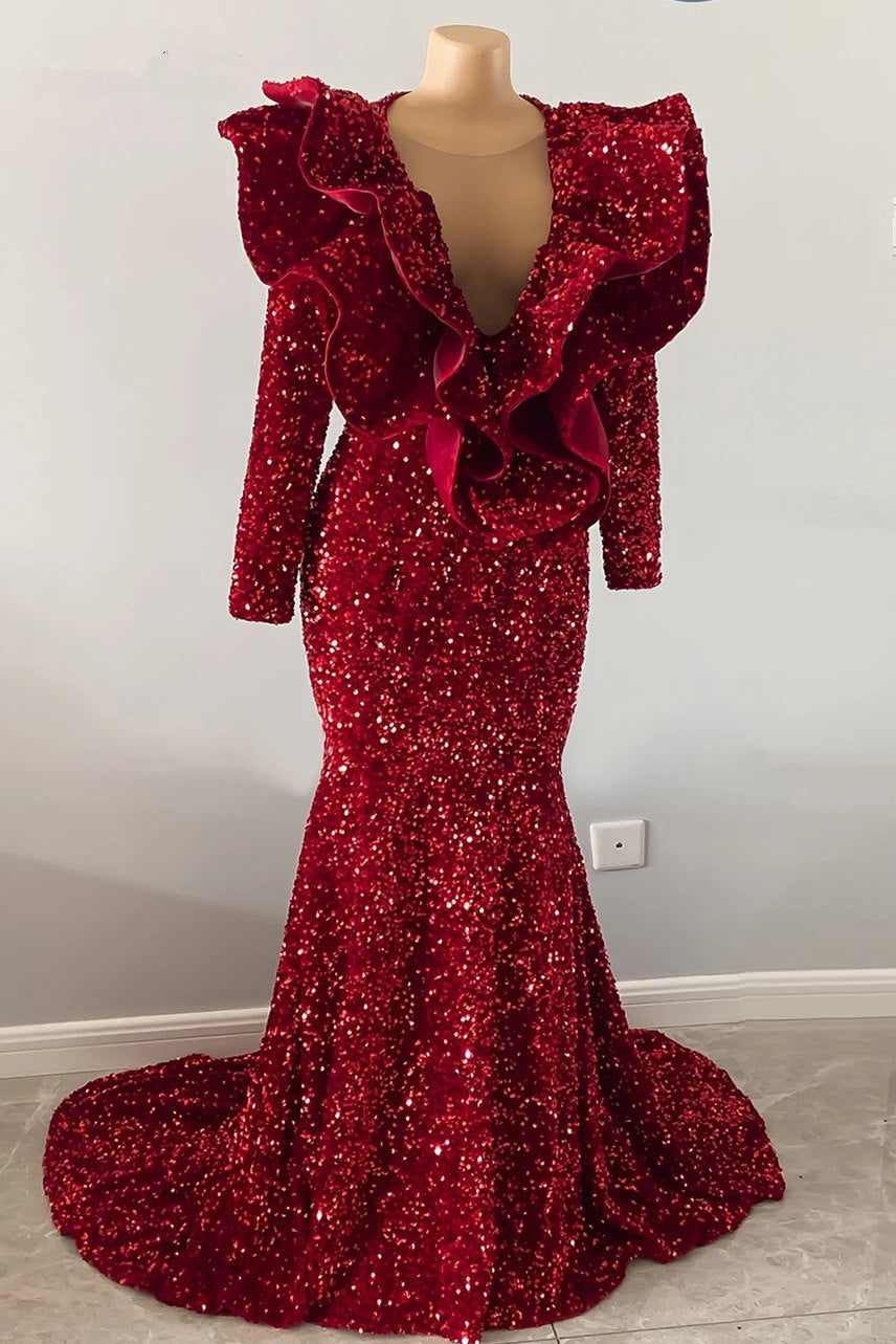 Gorgeous Red V-neck Sequins Sleeveless Floor-length Mermaid Prom Dresses