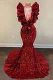 Gorgeous Red V-neck Sequins Sleeveless Floor-length Mermaid Prom Dresses