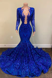 Gorgeous Royal Blue Long Sleeves Prom Dress Mermaid Sequins Flowers Bottom