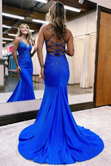 Gorgeous Royal Blue Prom Dress Long Mermaid Spaghetti-Straps V-Neck