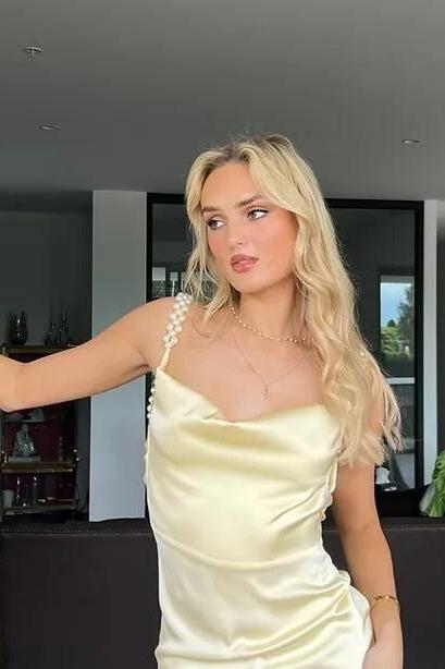 Suzhoufashion Gorgeous Sheath Spaghetti Straps Yellow Long Party Dress With Pearl Backless Formal Evening Gown