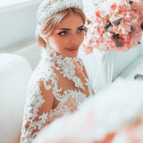Gorgeous Sheer Tulle Lace Appliques Wedding Dresses | High Neck Long Sleeve Bridal Gowns with Court Train