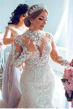 Gorgeous Sheer Tulle Lace Appliques Wedding Dresses | High Neck Long Sleeve Bridal Gowns with Court Train