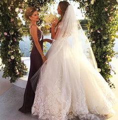 Gorgeous Short Sleeve Tulle Bridal Gowns New Lace Applique Long Princess Dresses