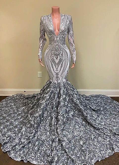 Gorgeous Silver V-neck Long Sleeve Flowers Floor-length Mermaid Prom Dresses