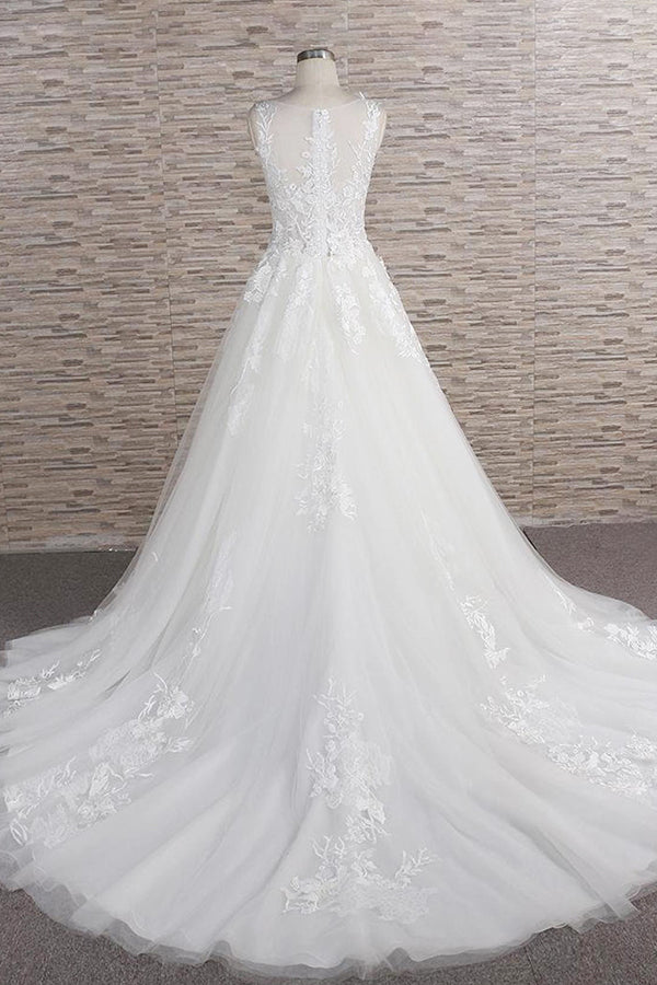 Gorgeous Sleeveless Jewel Tulle Wedding Dress | A-line Ruufles Lace Bridal Gowns With Appliques