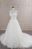 Gorgeous Sleeveless Jewel Tulle Wedding Dress | A-line Ruufles Lace Bridal Gowns With Appliques
