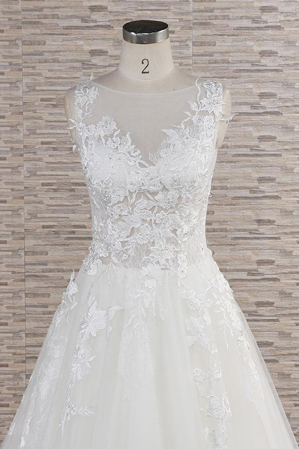 Gorgeous Sleeveless Jewel Tulle Wedding Dress | A-line Ruufles Lace Bridal Gowns With Appliques