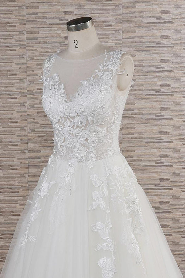 Gorgeous Sleeveless Jewel Tulle Wedding Dress | A-line Ruufles Lace Bridal Gowns With Appliques