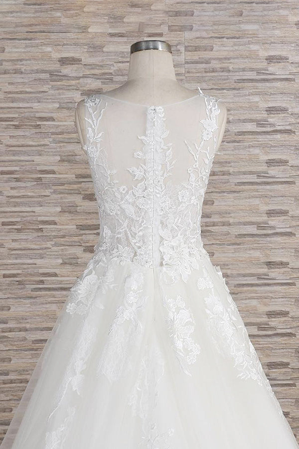 Gorgeous Sleeveless Jewel Tulle Wedding Dress | A-line Ruufles Lace Bridal Gowns With Appliques