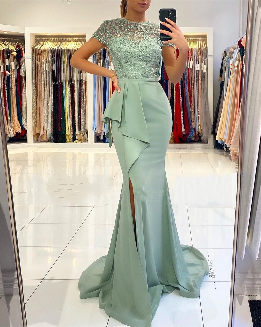 Gorgeous Sleeveless Satin Mint Green Ruffles Lace Mermaid Prom Dresses