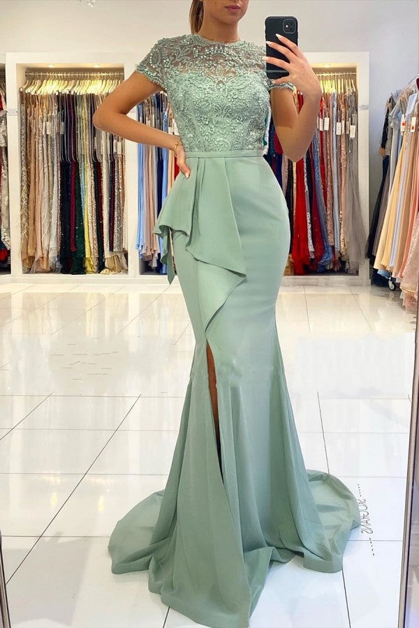 Gorgeous Sleeveless Satin Mint Green Ruffles Lace Mermaid Prom Dresses
