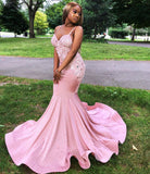 Gorgeous Sleeveless Spaghetti Straps Sweep Train Prom Dresses | Appliques Beading Pink Mermaid Evening Gown BC0979
