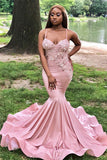 Gorgeous Sleeveless Spaghetti Straps Sweep Train Prom Dresses | Appliques Beading Pink Mermaid Evening Gown BC0979