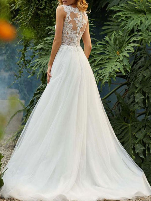 Gorgeous Sleeveless Tulle A-Line Ruffles Beach Wedding Dresses With Lace