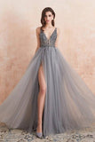 Gorgeous Sleeveless Tulle Front-Split Ruffles Prom Dresses With Appliques