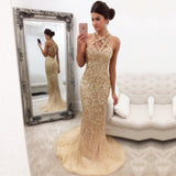 Gorgeous Sleeveless Zipper-Back Halter Mermaid Crystals Prom Dress SP0389