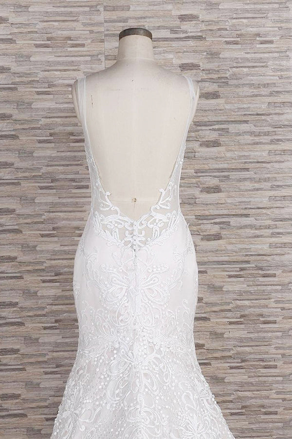 Gorgeous Spaghetti Straps Mermaid Wedding Dress | With Appliques Ivory Sleeveless Bridal Gowns