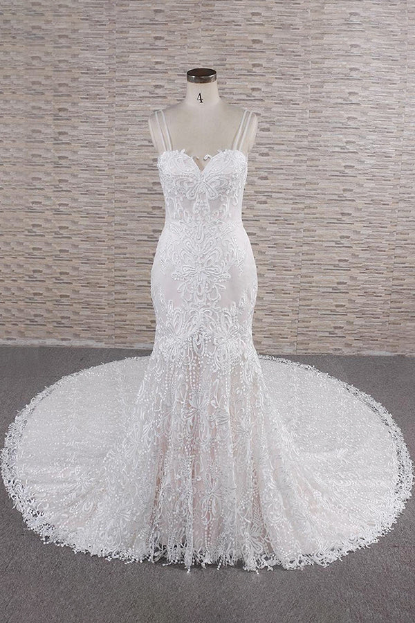 Gorgeous Spaghetti Straps Mermaid Wedding Dress | With Appliques Ivory Sleeveless Bridal Gowns