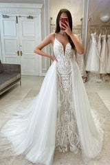 Gorgeous Spaghetti-Straps Sleeveless Bridal Dresses With Detachable Train