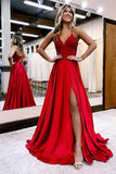 Gorgeous Spaghetti-Straps V-Neck Prom Dress Slit Long With Lace Appliques