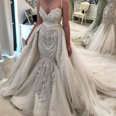 Gorgeous Spaghetti-Straps Wedding Dress Lace Appliques Ruffles Bridal Gowns with Overskirt