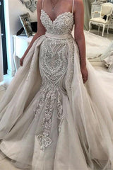 Gorgeous Spaghetti-Straps Wedding Dress Lace Appliques Ruffles Bridal Gowns with Overskirt