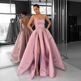 Gorgeous Strapless Floor-Length Ruffles Prom Dresses | Sleeveless Front Split A-Line Evening Gown