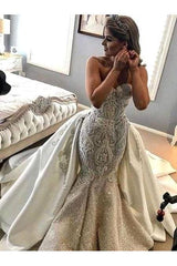 Gorgeous Strapless Mermaid Wedding Dress Sweetheart Tulle Lace Overskirt Bridal Gowns with Beadings
