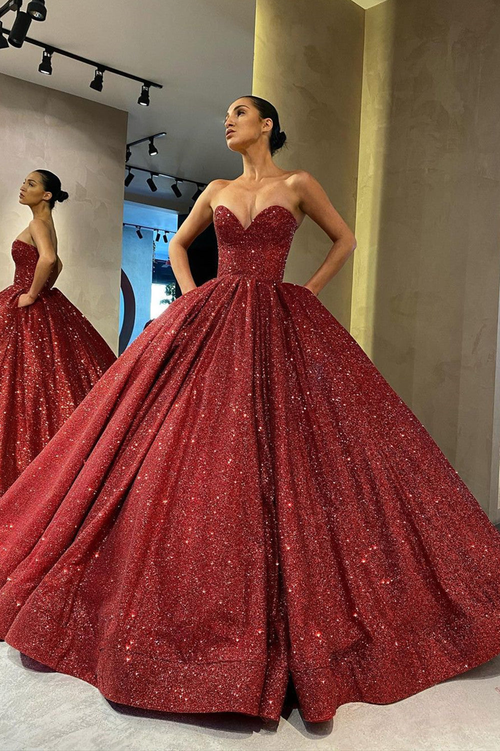 Gorgeous Strapless Red Sequins Prom Dress Long