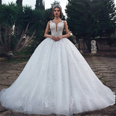 Gorgeous Straps Beading Ball Gown Wedding Dresses | Tulle Appliques Sleeveless Bridal Gown