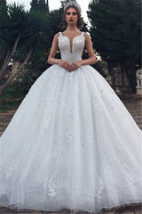 Gorgeous Straps Beading Ball Gown Wedding Dresses | Tulle Appliques Sleeveless Bridal Gown
