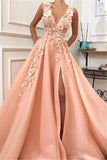 Gorgeous Straps Sleeveless A-Line Prom Dress | Flower Appliques V-Neck Prom Gown