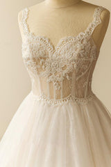Gorgeous Straps Sleeveless Tulle Wedding Dress | A-line Appliques Lace Bridal Gowns