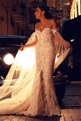 Gorgeous Sweetheart Lace Mermaid Wedding Dresses Front Split Bridal Dresses with Tulle Wrap