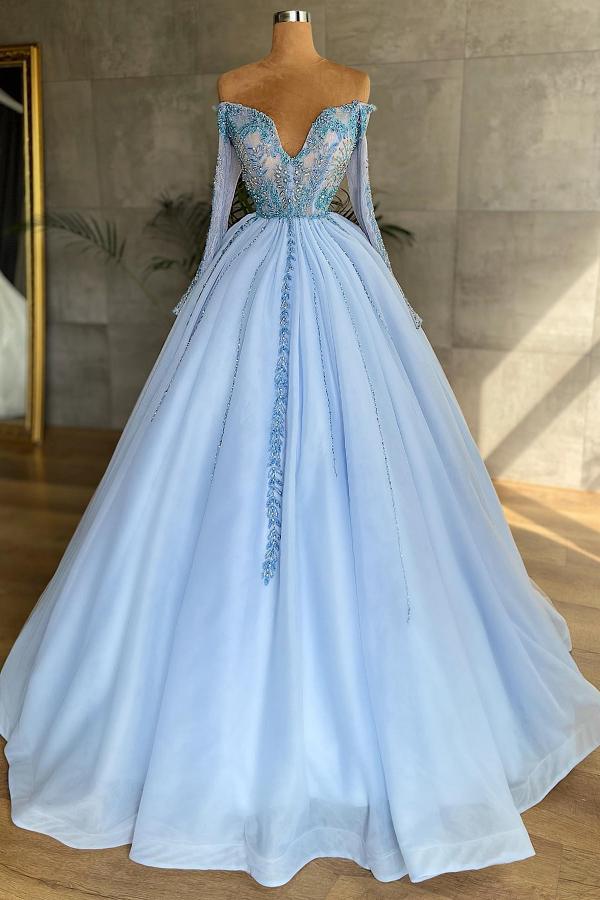 Gorgeous Sweetheart Long Sleeves Princess Party Dress Sky Blue Beadings Floral Lace Appliques