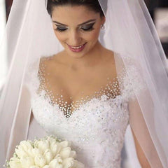 Gorgeous Tulle Crystal Wedding Dresses Lace Short Sleeve Bridal Gowns