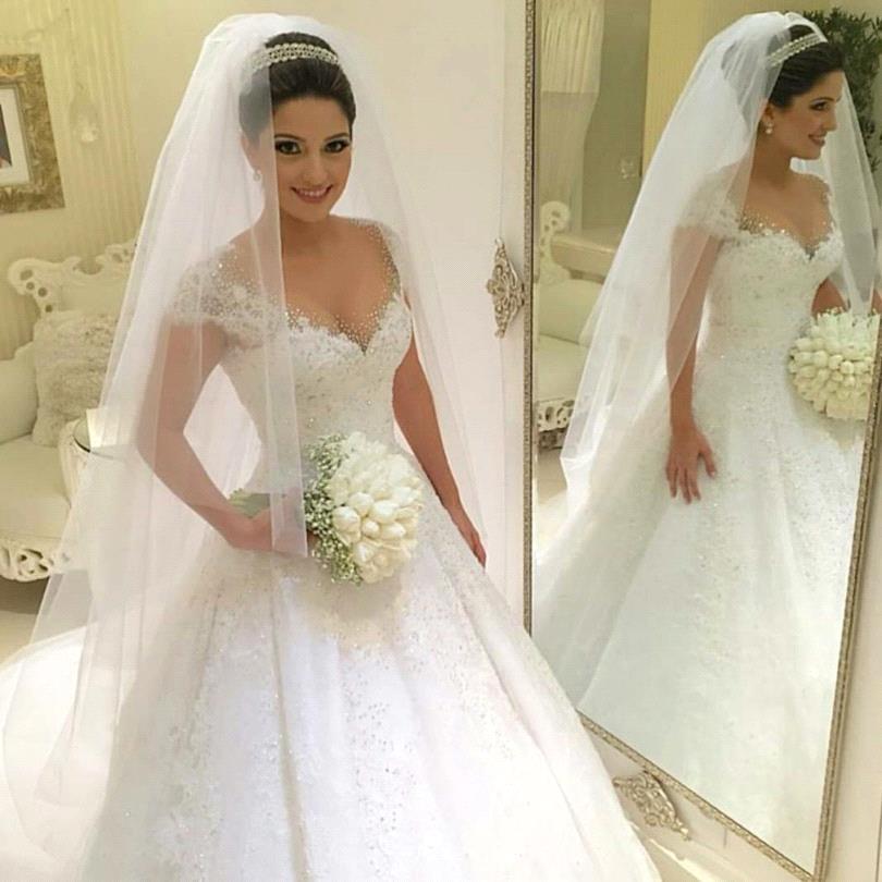 Gorgeous Tulle Crystal Wedding Dresses Lace Short Sleeve Bridal Gowns