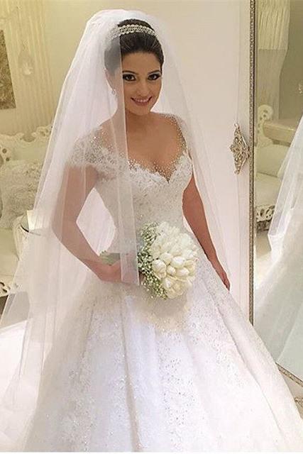 Gorgeous Tulle Crystal Wedding Dresses Lace Short Sleeve Bridal Gowns