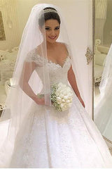 Gorgeous Tulle Crystal Wedding Dresses Lace Short Sleeve Bridal Gowns