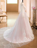 Gorgeous V Neck Backless Tulle Long Lace Wedding Dresses With Long Sleeves