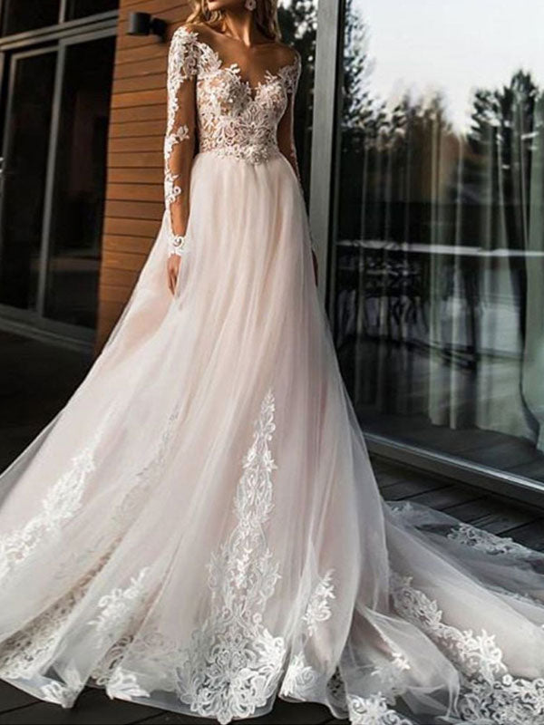 Gorgeous V Neck Backless Tulle Long Lace Wedding Dresses With Long Sleeves