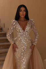 Gorgeous V-Neck Floral Mermaid Long Sleeves Wedding Dress with Detachable Train