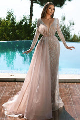 Gorgeous V-Neck Sequined Lace Prom Dress Mermaid With Long Sleeves