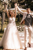 Gorgeous V-Neck Sleeveless A-Line Lace Wedding Dress With Chapel Train